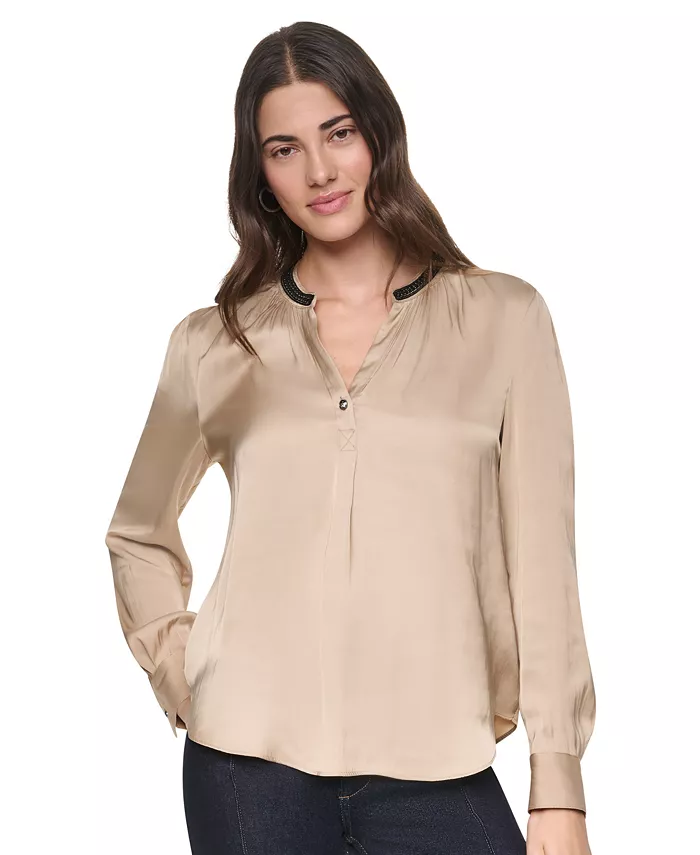 Women's V-Neck Satin Long-Sleeve Top