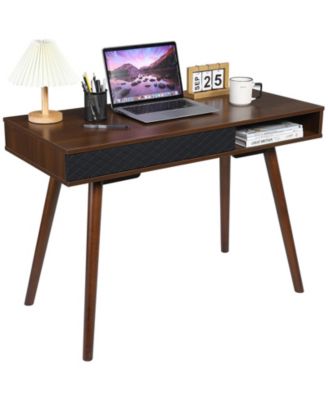 Space-Saving Mid-Century Writing Desk - Computer Table with Drawer and Open Cubby - Sturdy Wood - Easy Assembly