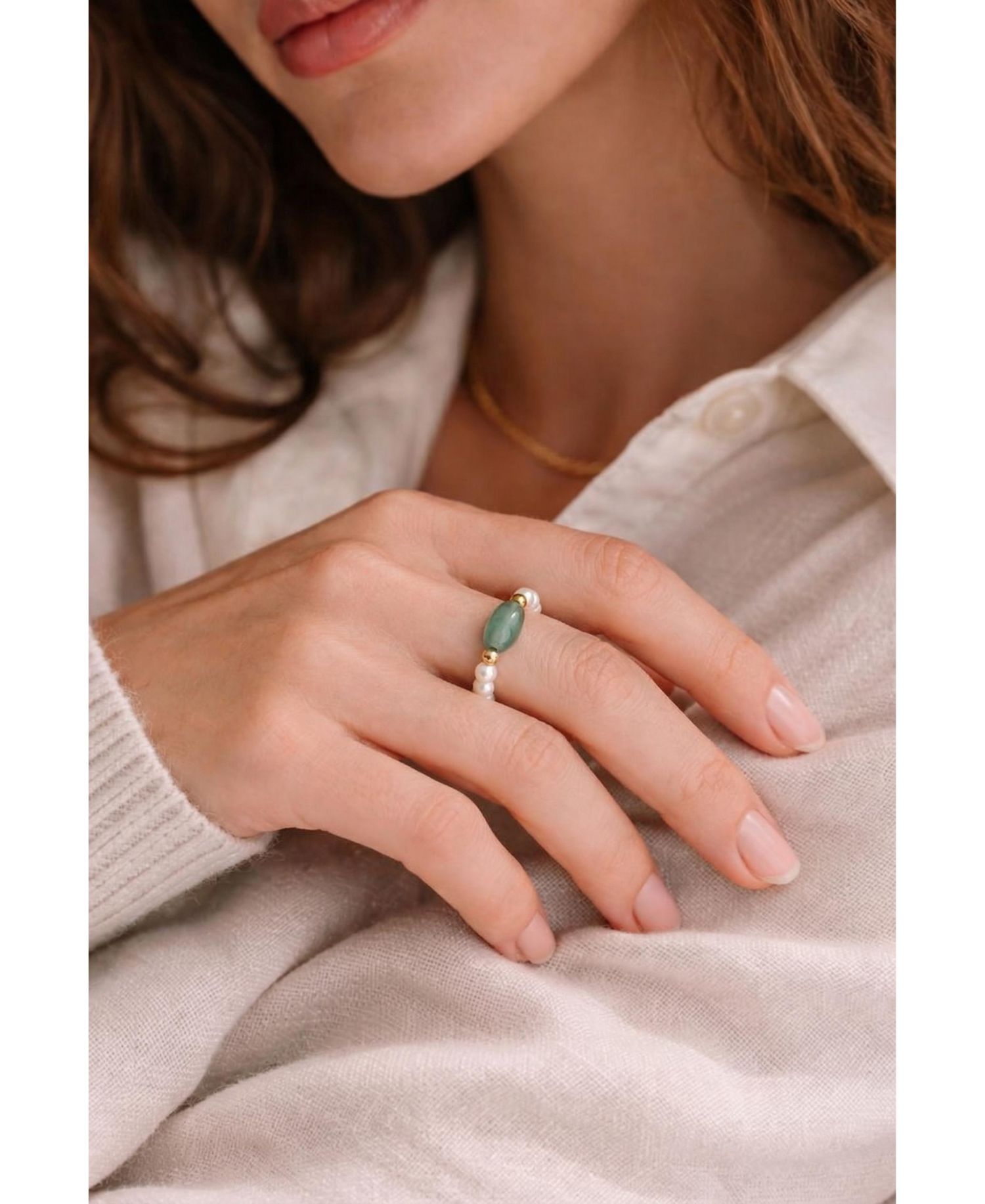 Isa Jade and Beaded Pearl Stretch Ring