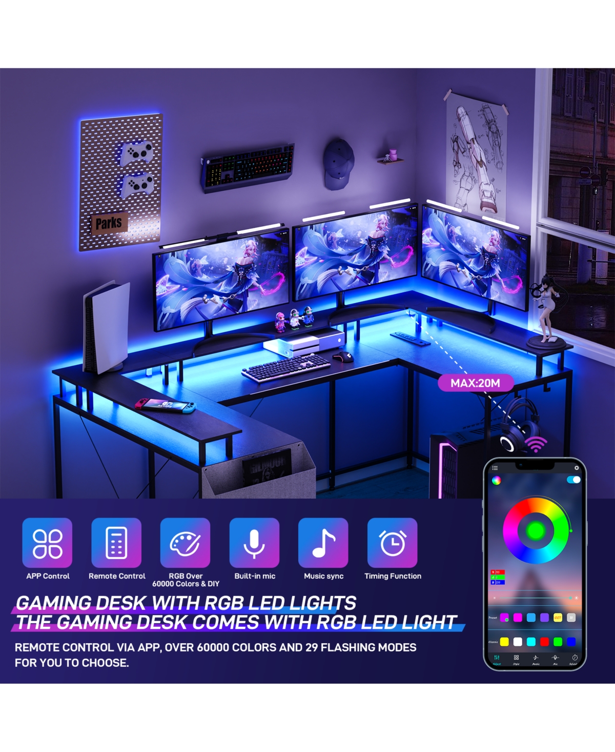 homfan U-Shaped Reversible Office Desk with Power Outlets, Rgb Led Lights, Monitor Stand, Storage Shelves, Large Corner Computer Table for Home