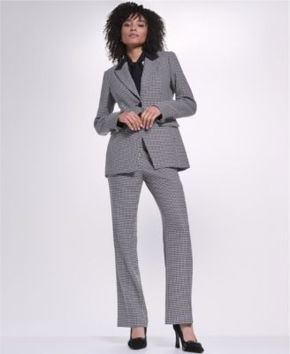 Women's Three-Button Blazer, Mock Neck Keyhole Blouse and Mid-Rise Flare Pants