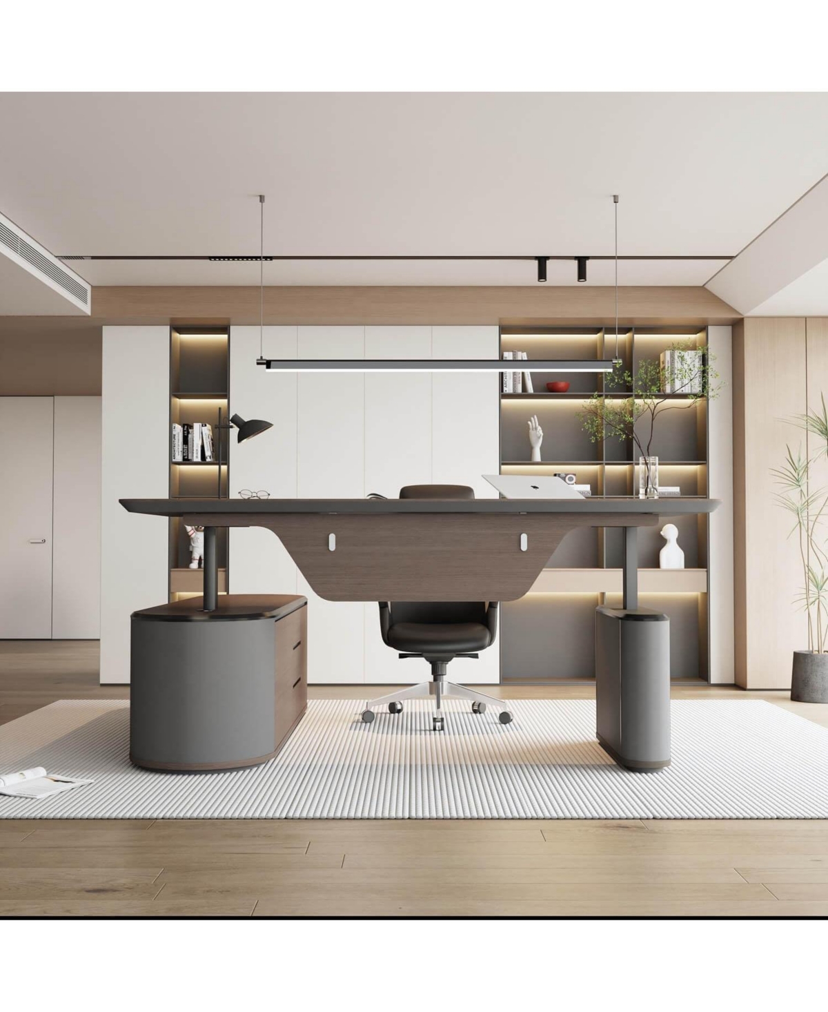 Logicfox Sit and Stand L Shaped Executive Desk Adjustable Luxury Office Desk with File Cabinet - Brown