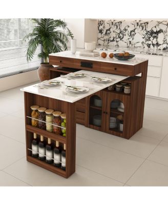 Rotating Kitchen Island with Extendable Table and Storage