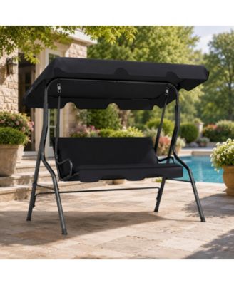 3 Seat Outdoor Porch Swing with Adjustable Canopy, Patio Swing Chair with Stand, Metal Frame, Thick Cushions, 500 lb Capacity