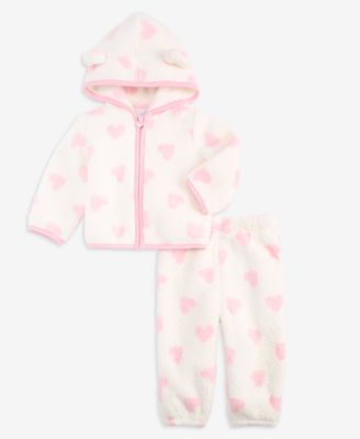 Baby Girls' Heart-Print Hooded Sherpa Jacket and Pants, 2-Piece Set