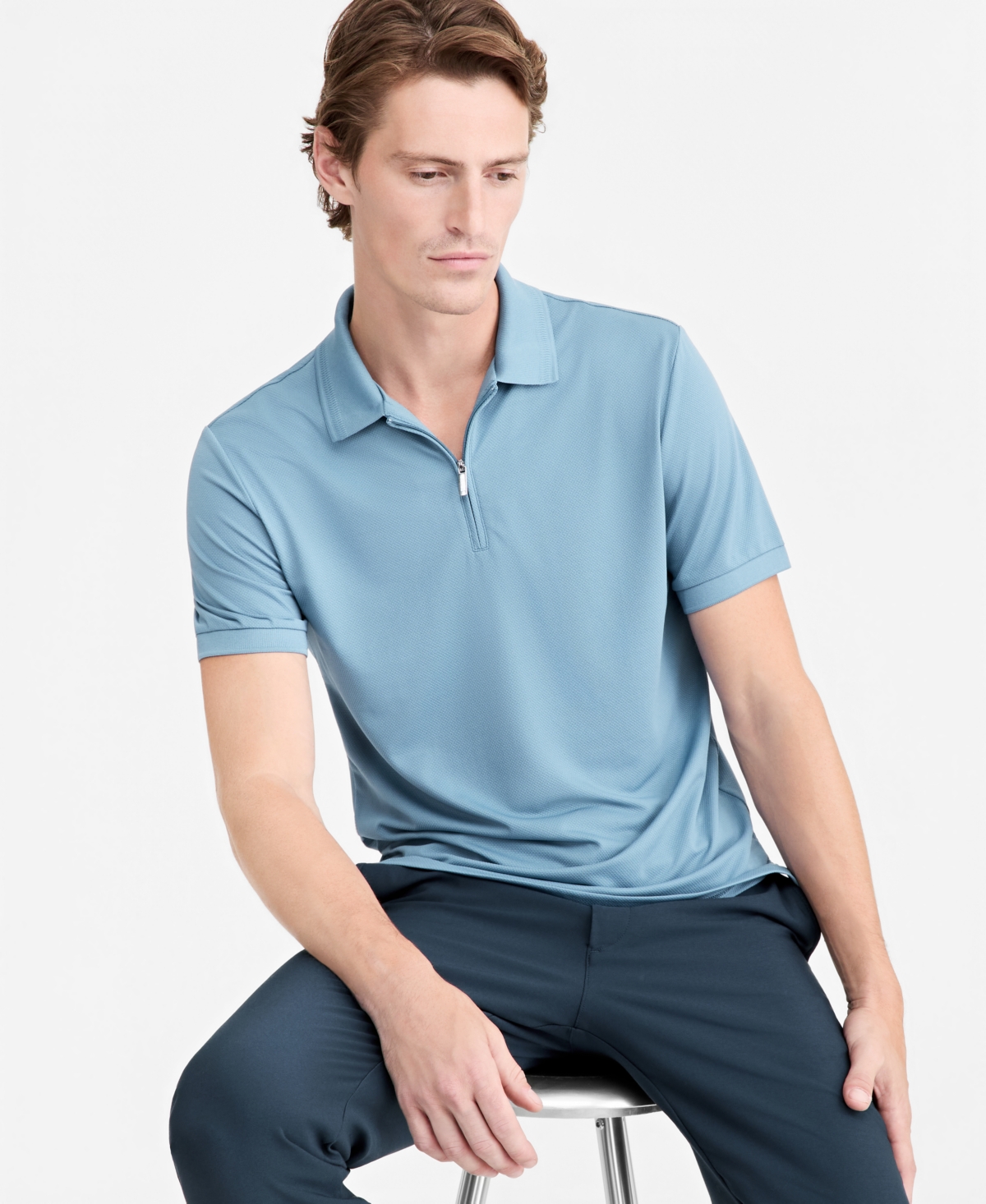 Alfani Men's Ottoman Short Sleeve Textured Quarter-zip Polo Shirt, Exclusively At Macy's In Moonlight Blue