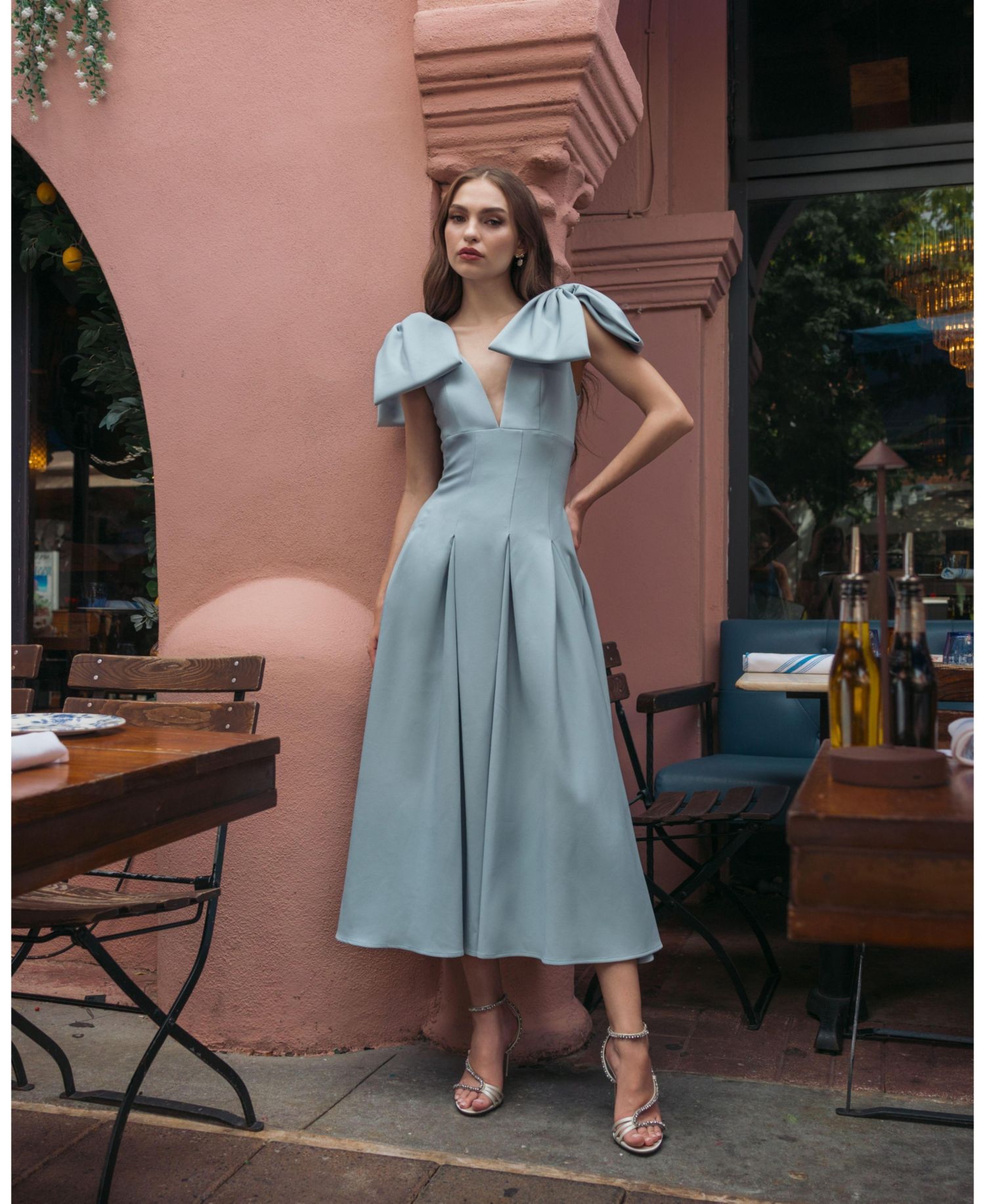 Women's Crepe A Line Midi Dress With Bow Straps