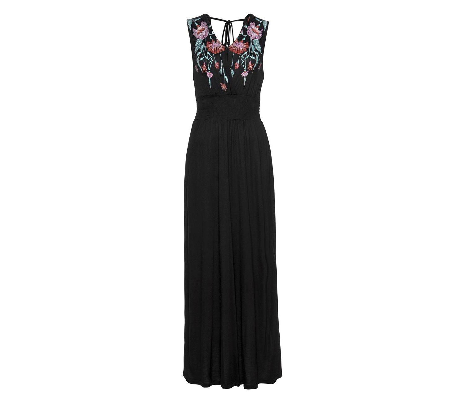 Women's Viscose Floral Print Embroidered Column V-Neck Maxi Dress