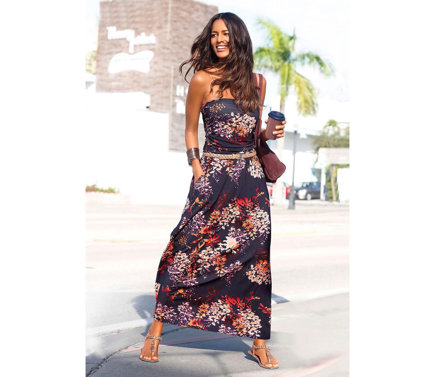 Women's Viscose Printed with Pockets Style Bandeau Maxi Dress
