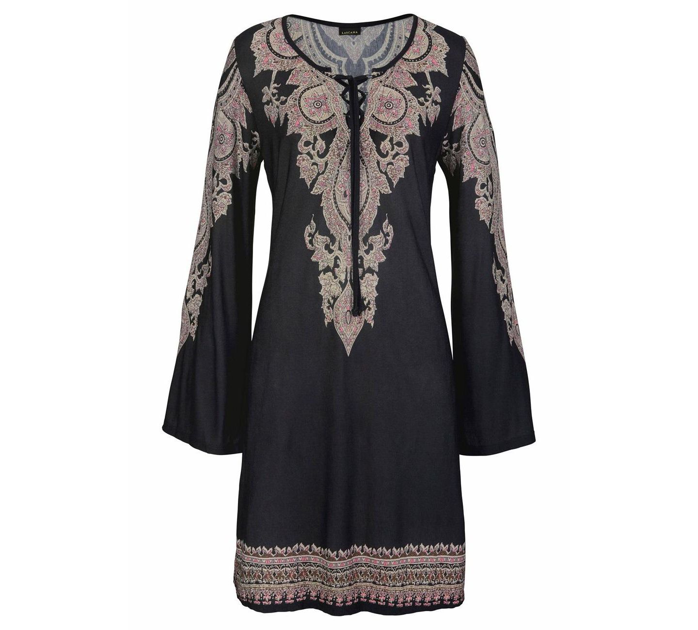Женское платье LASCANA Viscose Boho Print Lace Up Notch-Neck Short — фото 6