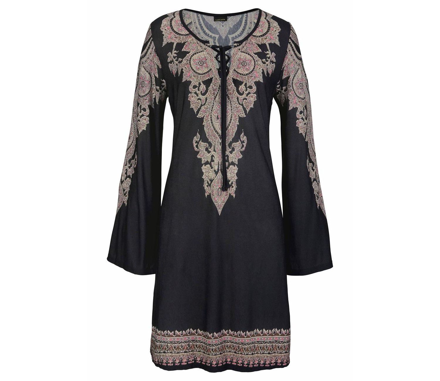Women's Viscose Boho Print Lace Up Notch-Neck Short Dress