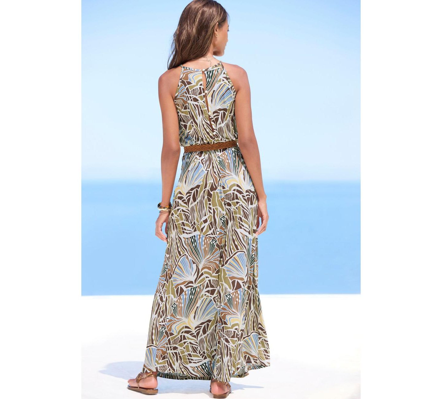 Женское платье LASCANA Viscose Printed A-Line Elastic-Waist Maxi, цвет: Слоновая кость хаки — фото 3