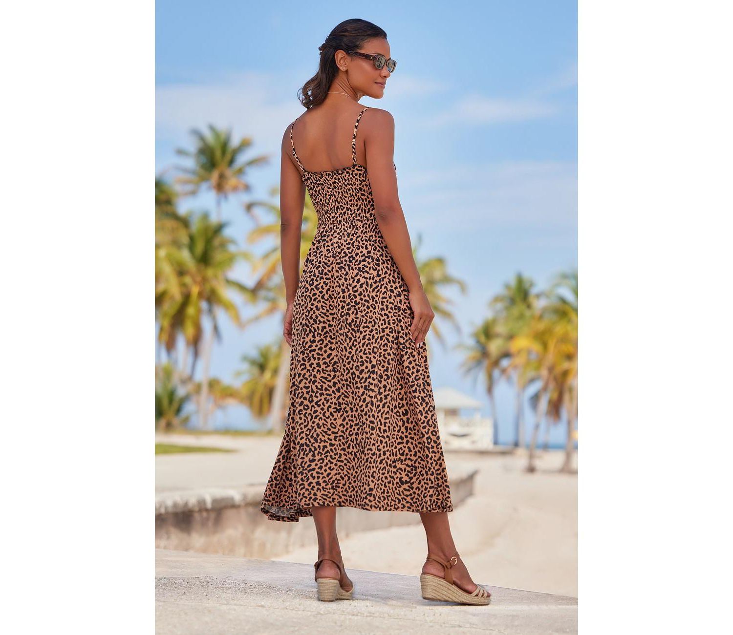 Women's Viscose Animal Print Smocked Square-Neck Midi Dress