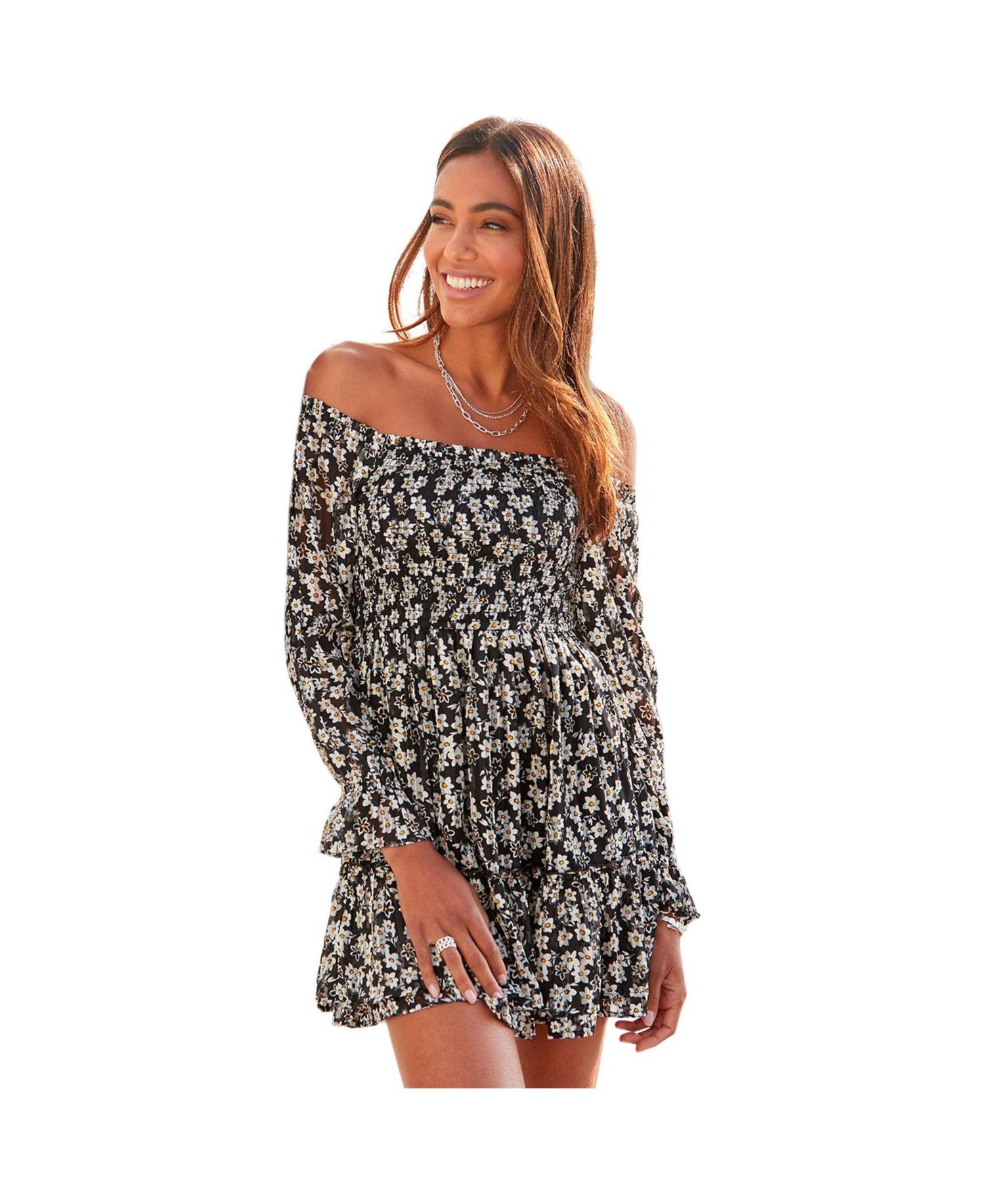 Women's Floral Print Off Shoulder Lace Ruffle-Trim Short Dress