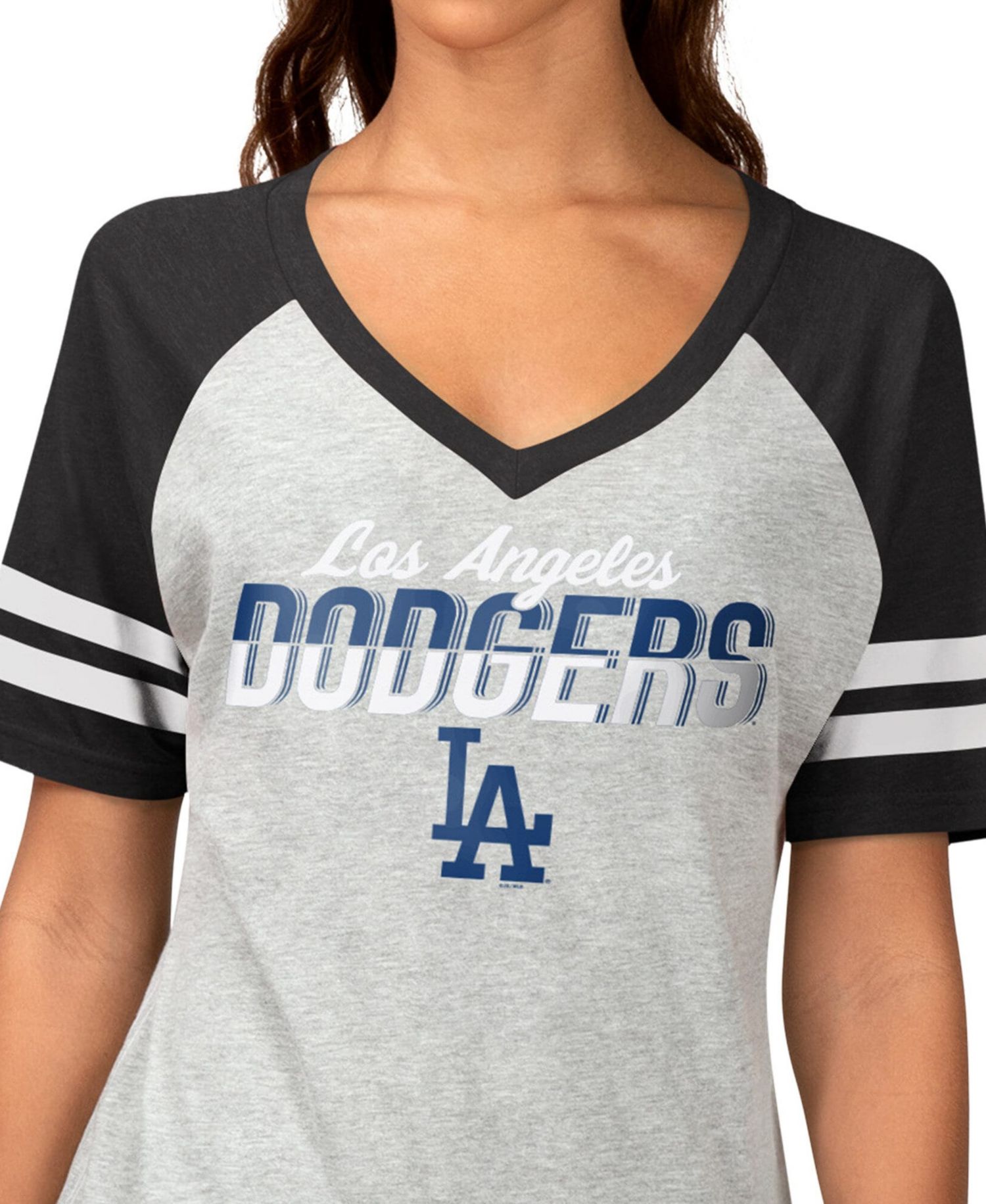 Women's Heather Gray Los Angeles Dodgers Goal Line Raglan V-Neck T-Shirt