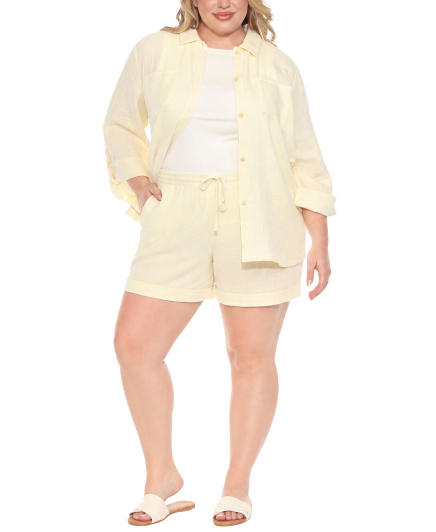 Женский комплект White Mark Plus Size Gauze Button-Front Shirt Shorts Set, цвет: Слоновая кость — фото 1