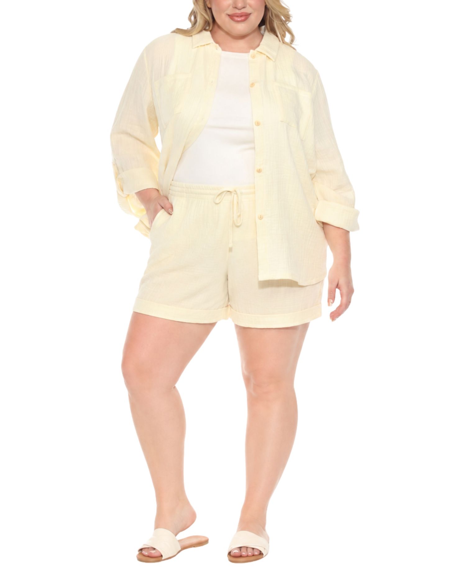 Plus Size Gauze Button-Front Shirt Shorts Set