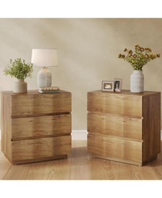 Farmhouse Nightstand with 3 Drawers Set of 2, Fluted Bedside Table, Rustic Wood Storage End Table