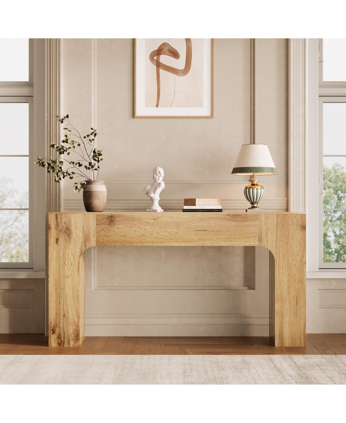 homfan 62.99 inch Oak Color Particle Board Console Table, Narrow Entryway Sofa Table for Hallway and Living Room