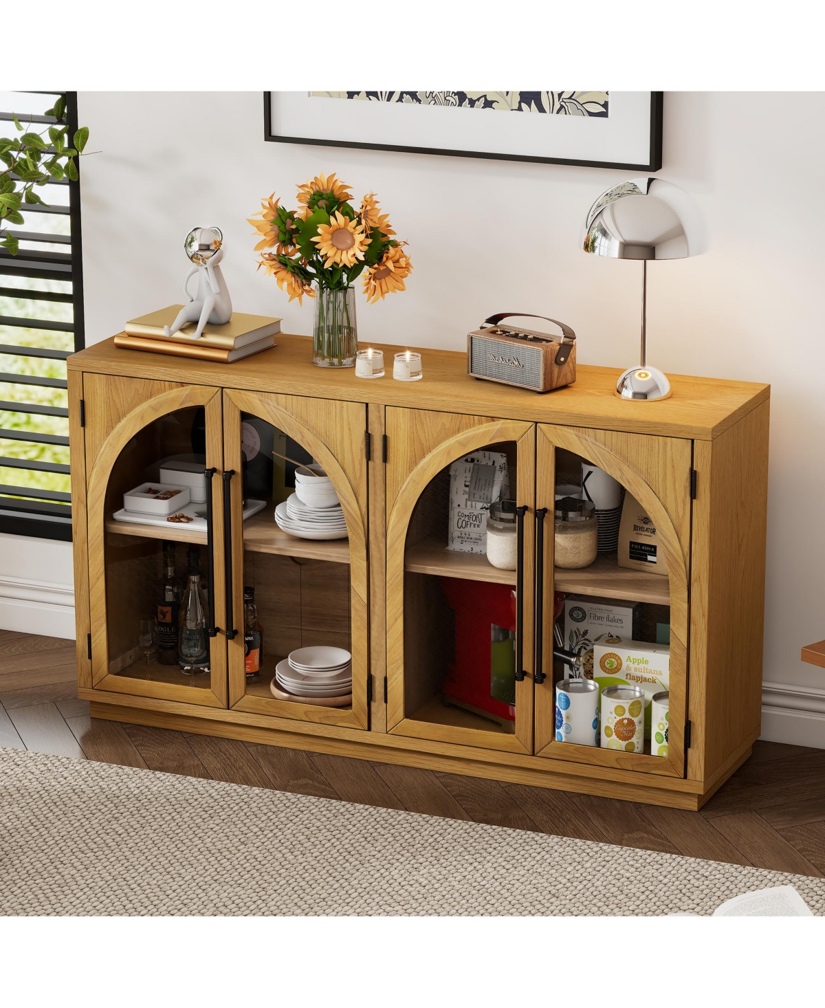 sumyeg 4-Door Large Storage Cabinet with Glass Doors, Arched Adjustable Shelves