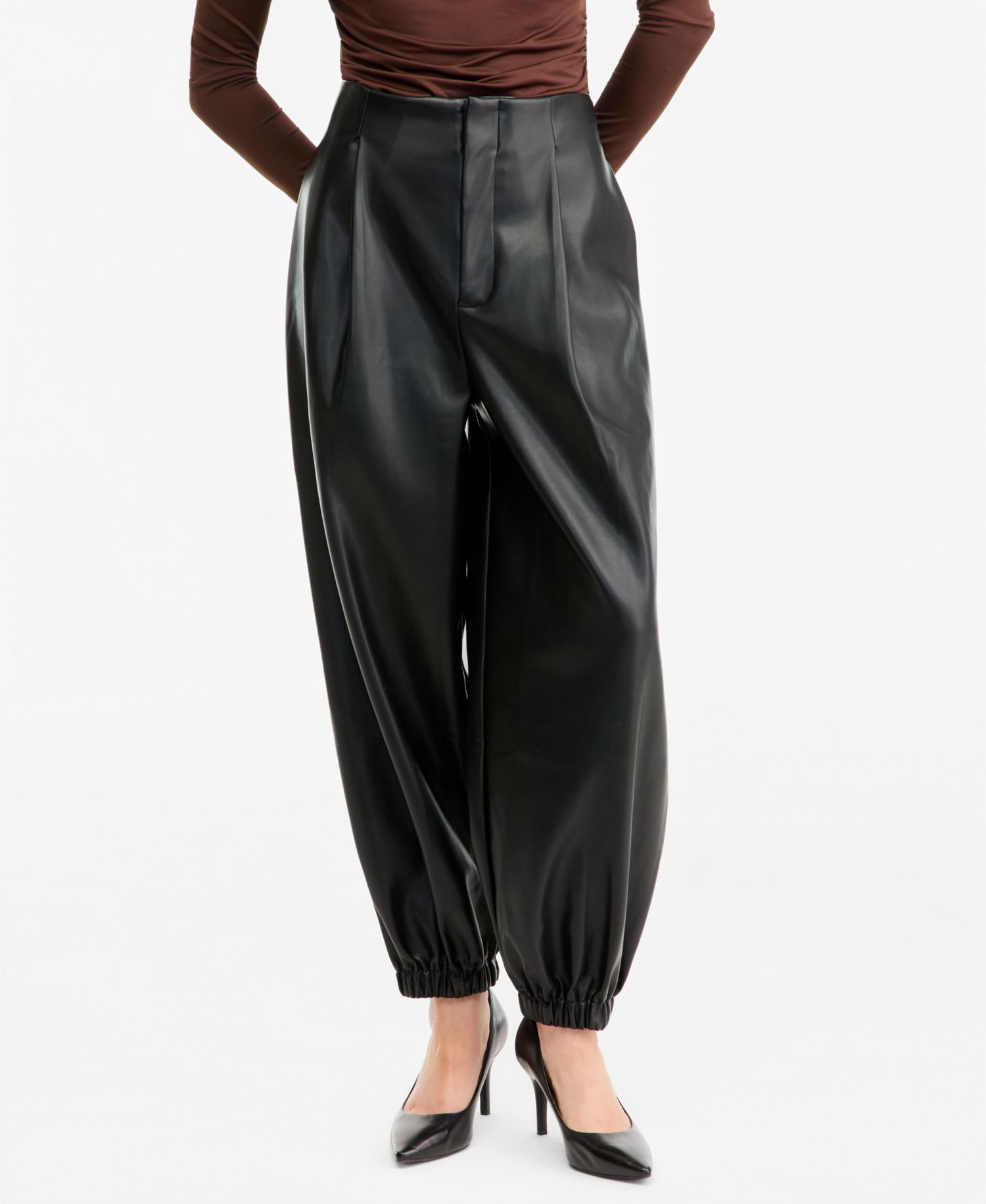 Women's High-Rise Pleated Faux Leather Pants
