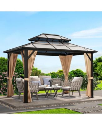 Hardtop Gazebo, Heavy Duty Aluminum Permanent Outdoor Gazebo with Double Ventilated Roof, Curtains, Netting and Ceiling Hooks