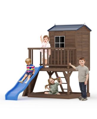 Kids Outdoor Playhouse with Sandbox, 89 Inch 2 Story Wooden Playhouse with Slide and Step Ladder for Backyard