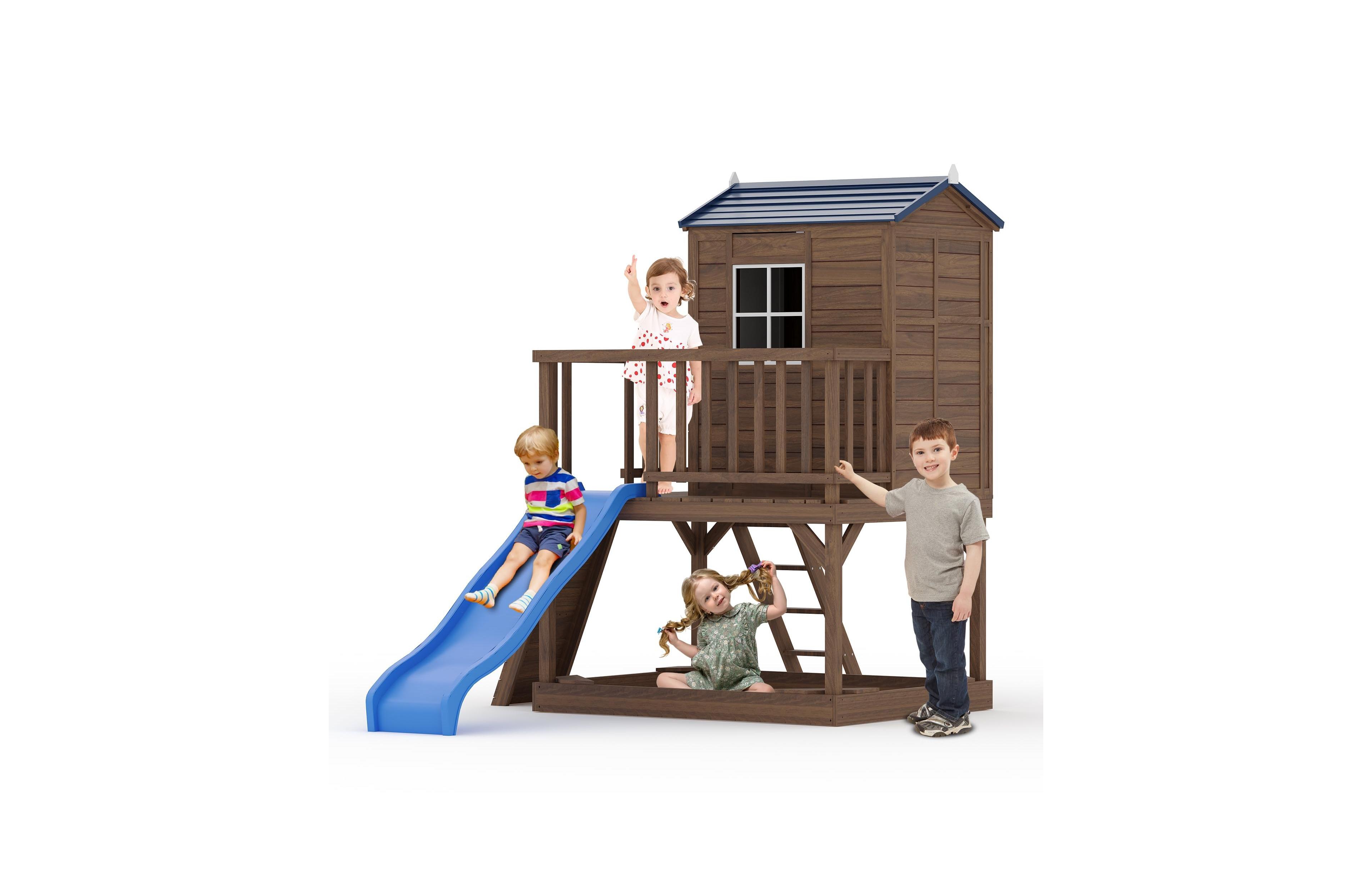 homfan Kids Outdoor Playhouse with Sandbox, 89 Inch 2 Story Wooden Playhouse with Slide and Step Ladder for Backyard