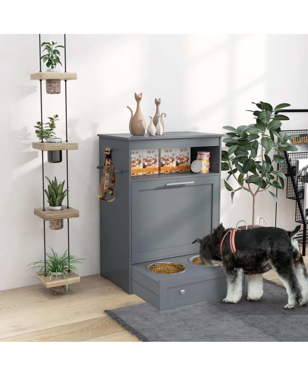 Ruie Tall Pet Feeder Station Storage Cabinet with Raised Dog Bowls