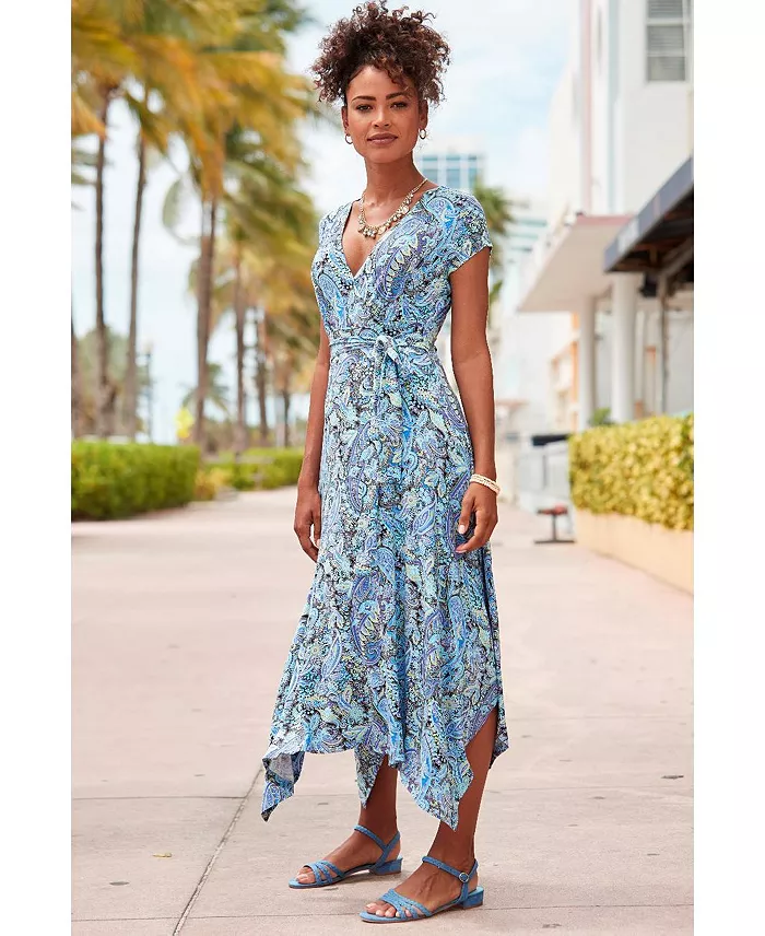 Women's Viscose Printed Handkerchief Hem V-Neck Tie-Waist Midi Dress - thumbnail 10