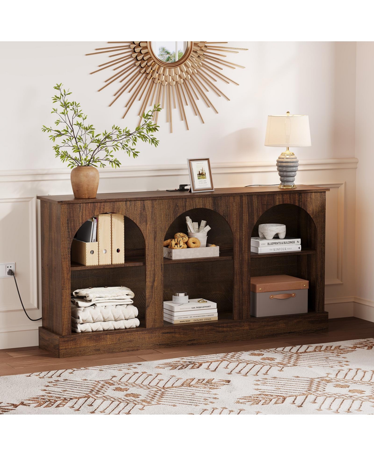 homfan 63" Arched Tv Stand with Charging Station and 3-Tier Open Shelves, for 65-70" Tv