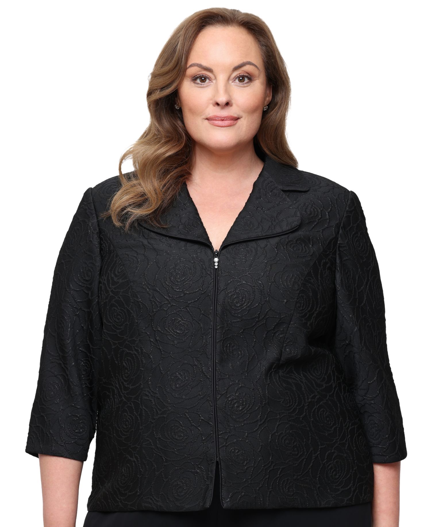Plus Size Metallic Jacquard Front Zipper Jacket