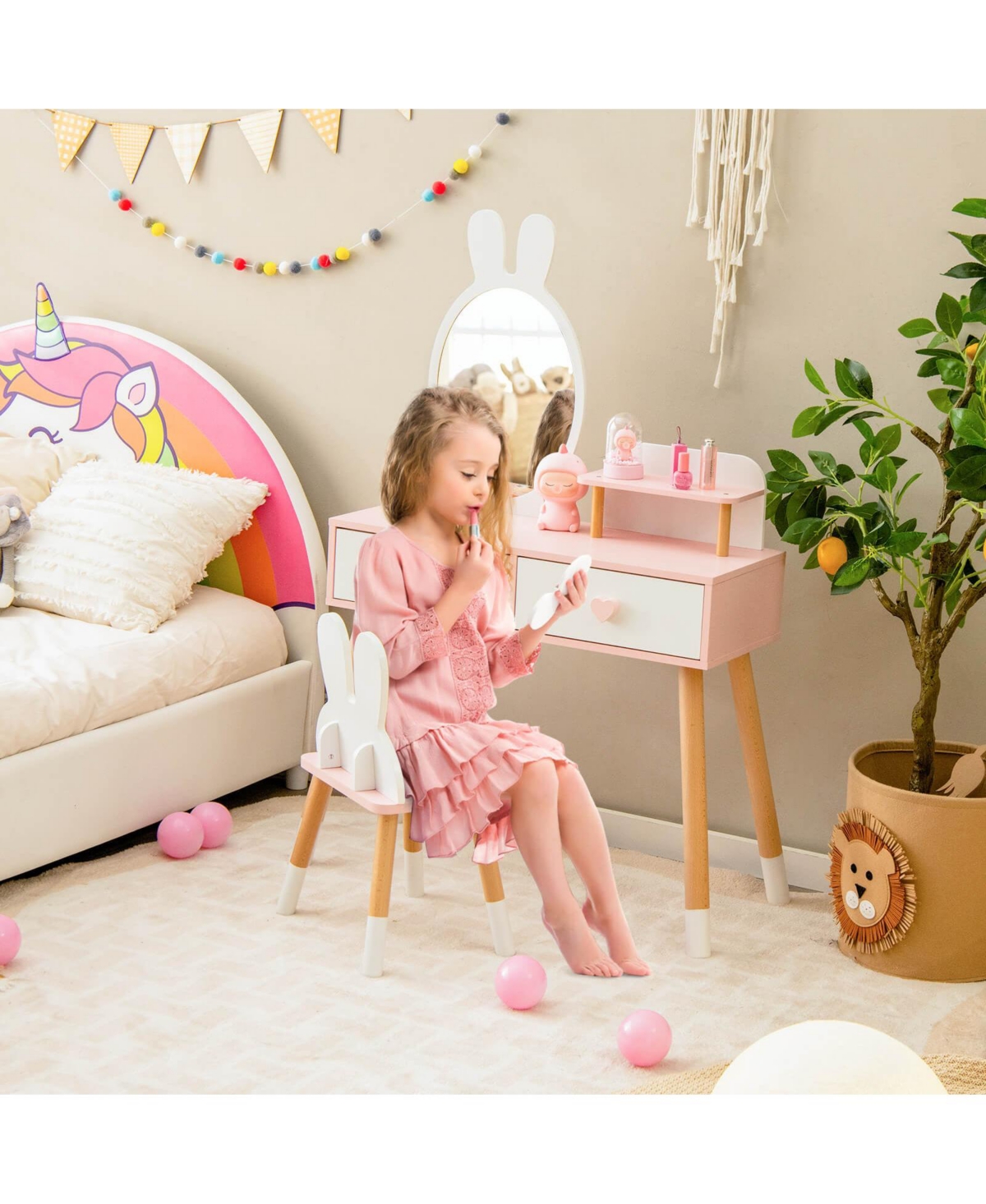 Gouun 2 in 1 Wooden Princess Kids Vanity Set with Mirror
