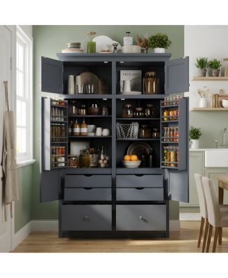 Freestanding Kitchen Pantry Cabinet with 8 Door Shelves and 6 Drawers