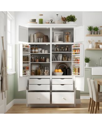 Freestanding Kitchen Pantry Cabinet with 8 Door Shelves, 4 Trays and 6 Drawers