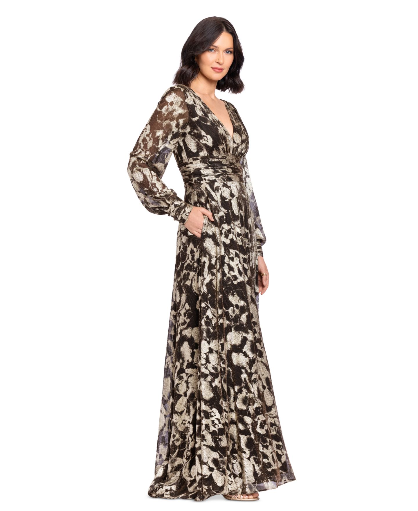 Женские платья Betsy & Adam Metallic V-Neck Ruched-Waist Gown, цвет: Коричневый / Золотой — фото 3
