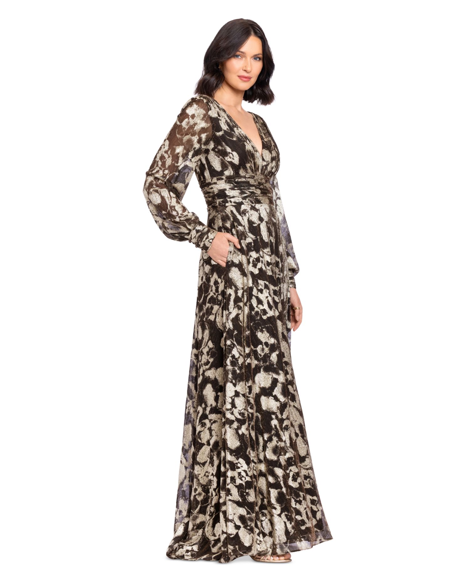 Women's Metallic V-Neck Ruched-Waist Gown