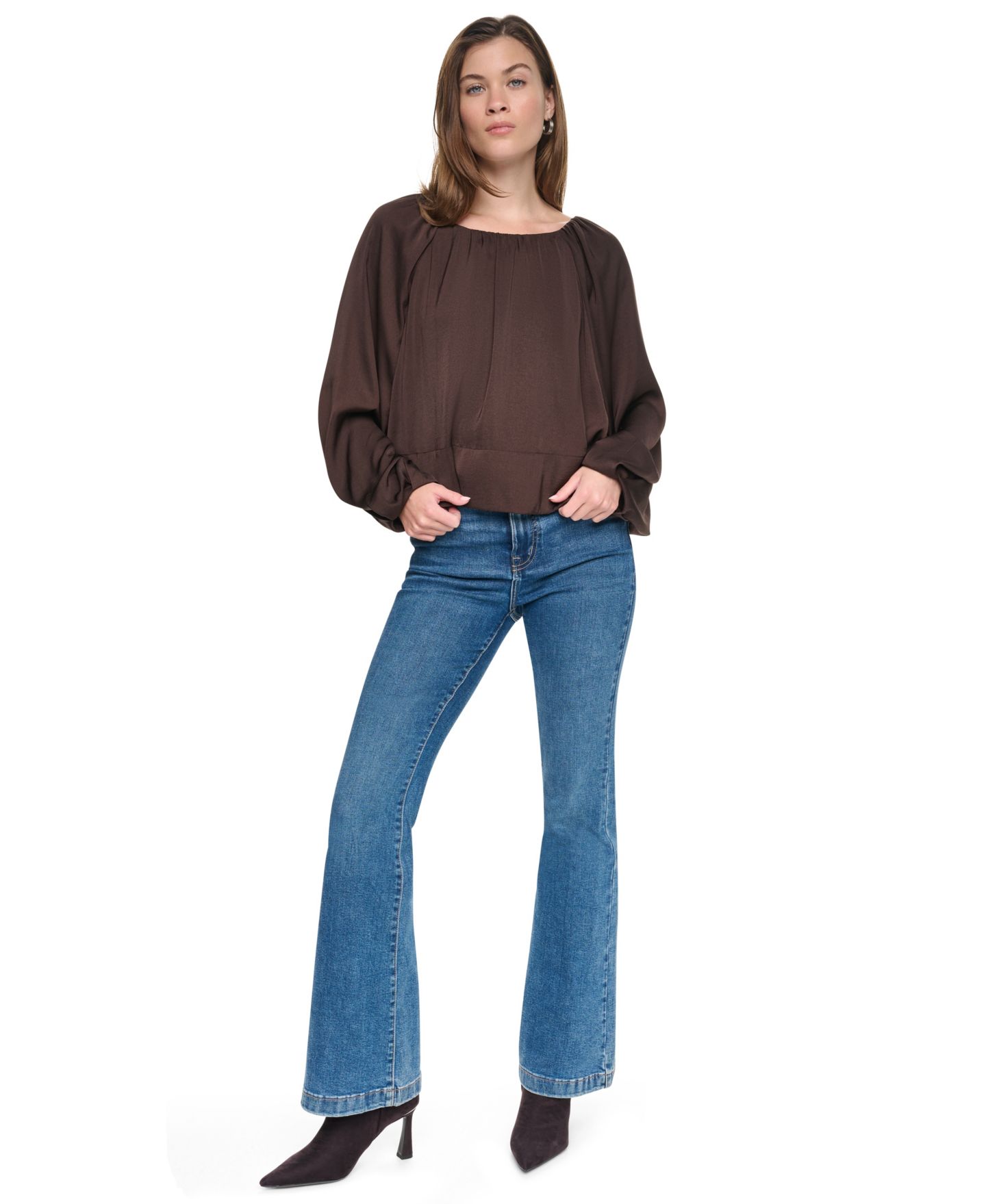 Женская блузка DKNY Jeans Shirred Boat Neck Long-Sleeve Raglan Blouse, цвет: Тёмно-коричневый — фото 2