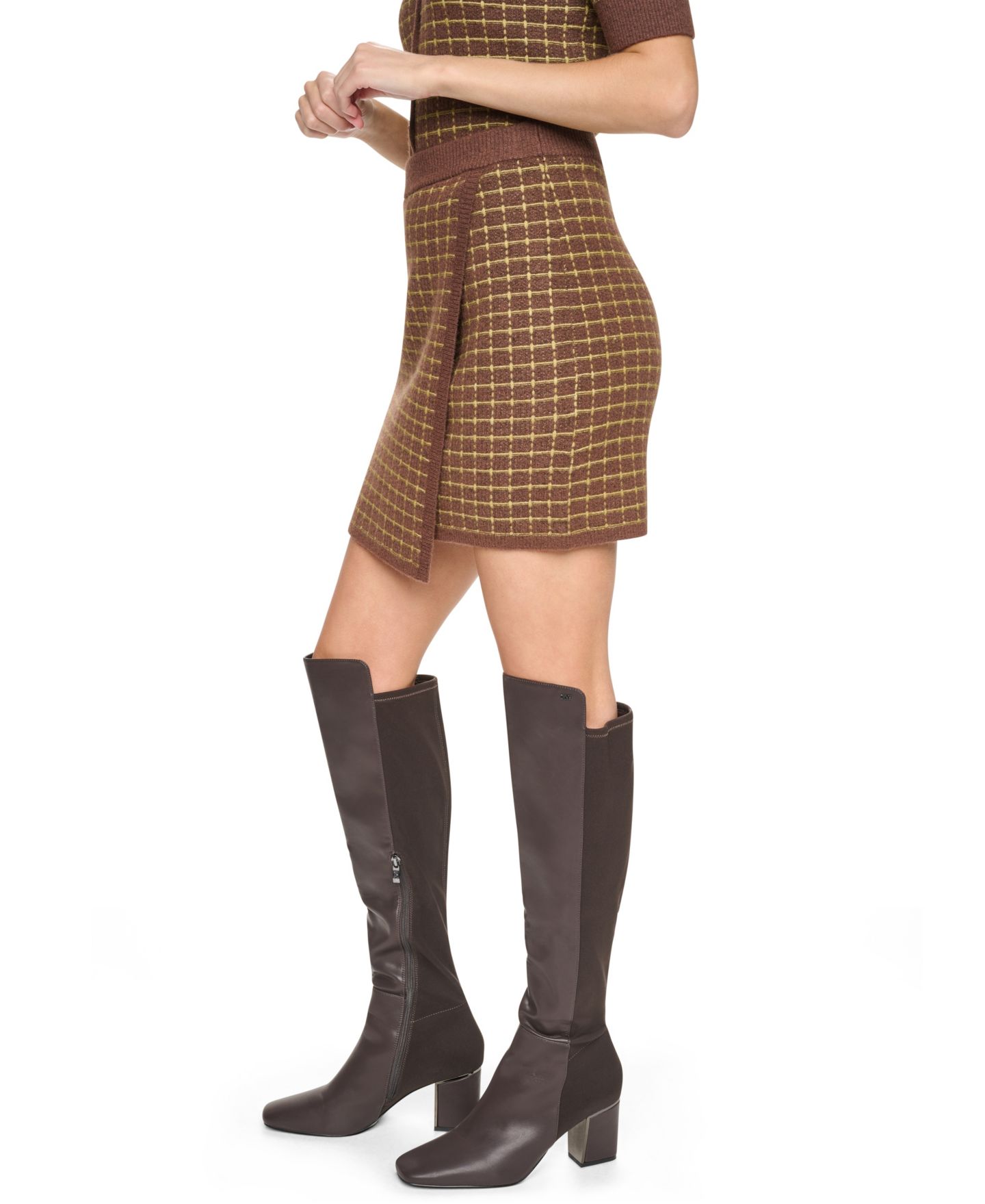 Женская юбка DKNY Jeans High-Waisted A-Line Plaid Mini, цвет: Каштановый — фото 3