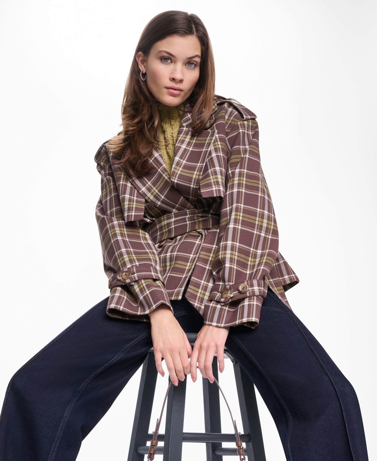 Women's Plaid Double-Breasted Short Trench Jacket