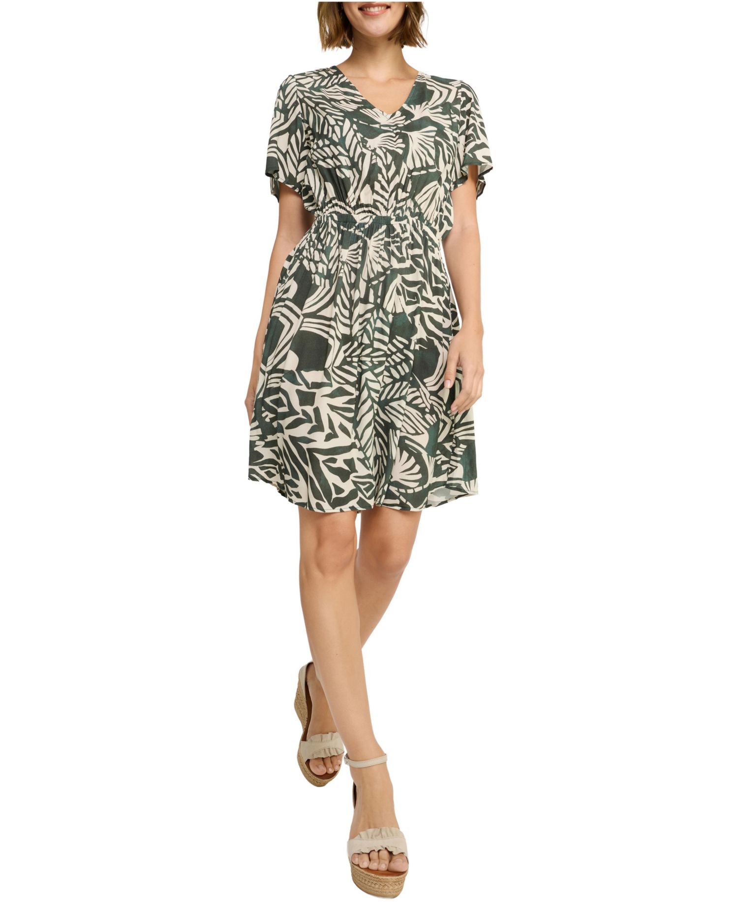 Women's Viscose Printed Flutter-Sleeve Fit-and-Flare V-Neck Short Dress
