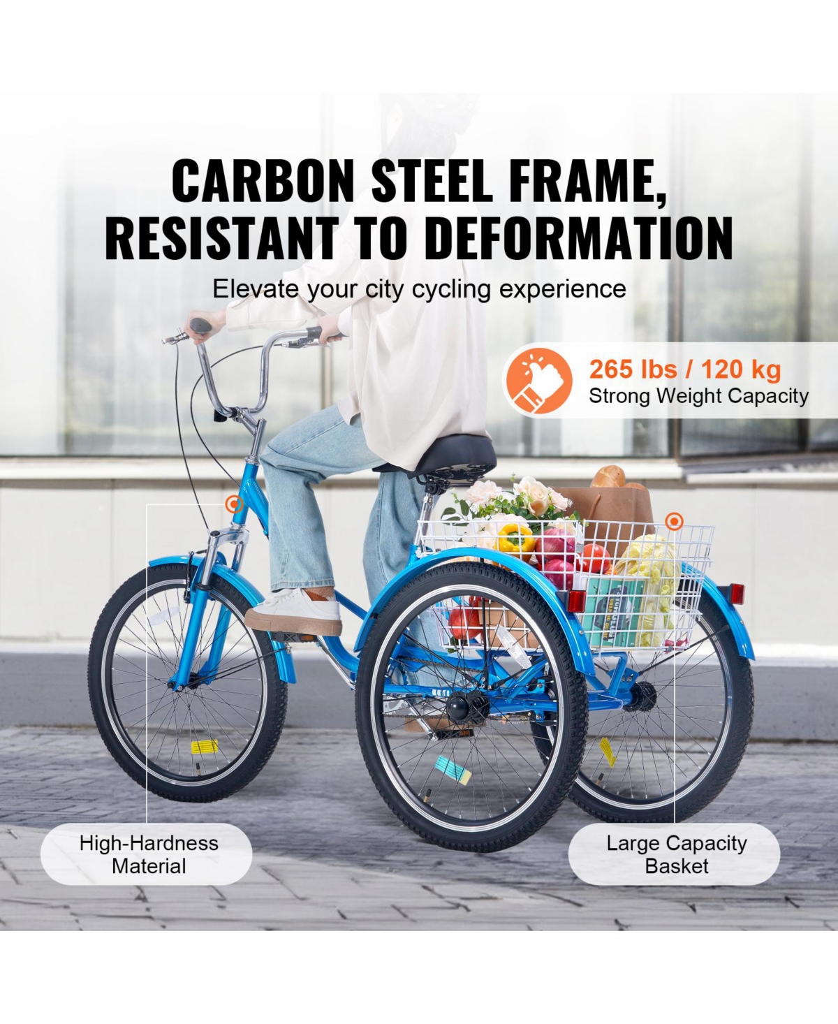 Vevor Folding Adult Tricycle 24" Adult 3-Wheel Folding Trikes Carbon Steel Blue