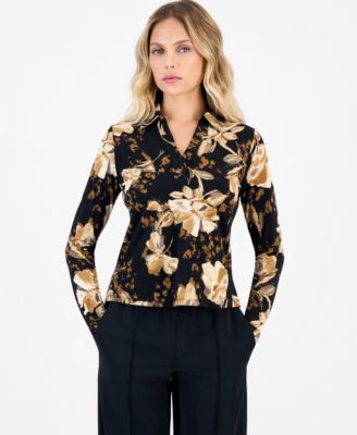 Petite Long-Sleeve Floral-Print Point Collar Blouse