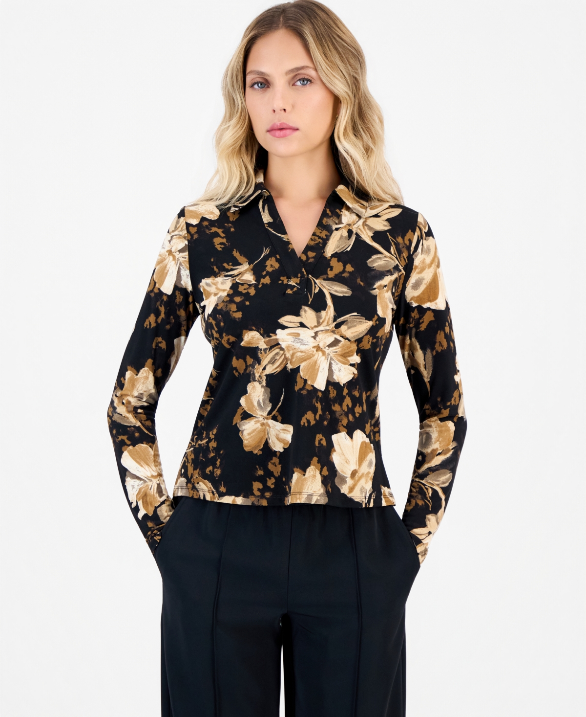 I.n.c. International Concepts Petite Long-Sleeve Floral-Print Point Collar Top, Macy's Exclusive