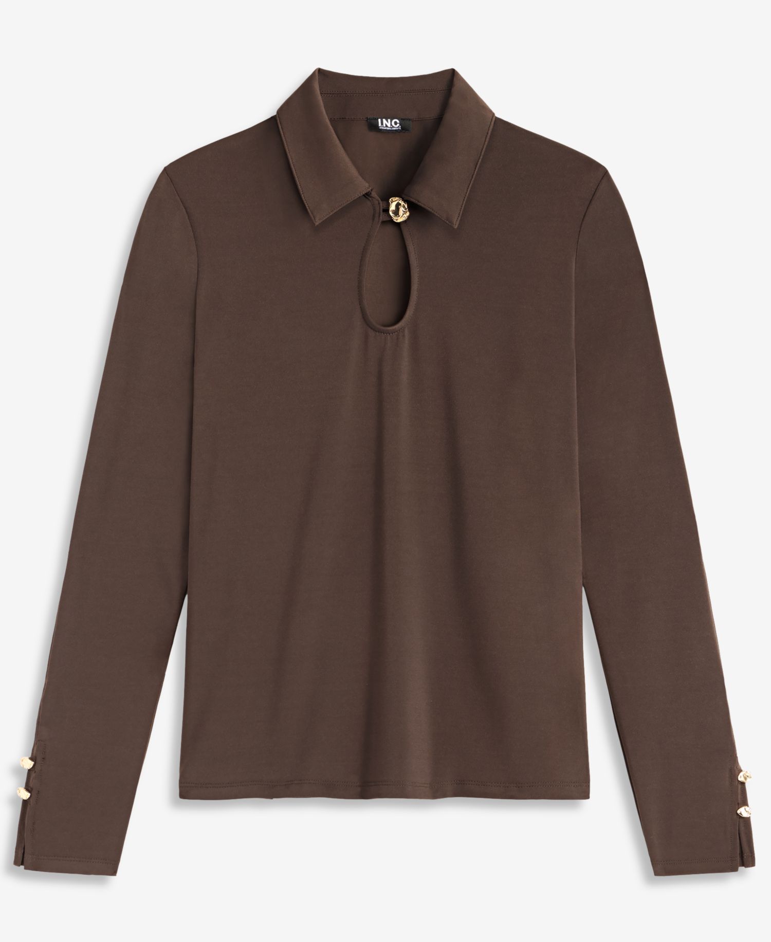 Petite Long-Sleeve Point-Collar Keyhole Neckline Blouse