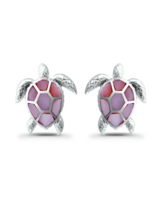 Pink Shell Inlay Fine Silver-Plated Turtle Stud Earrings