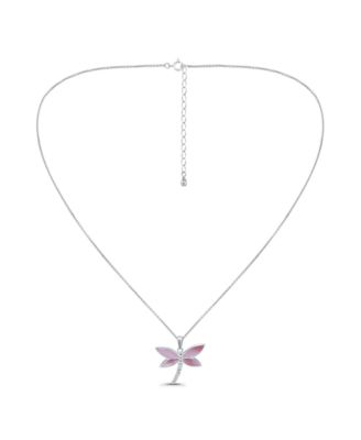 Pink Shell Inlay Fine Silver-Plated Dragonfly Pendant Necklace