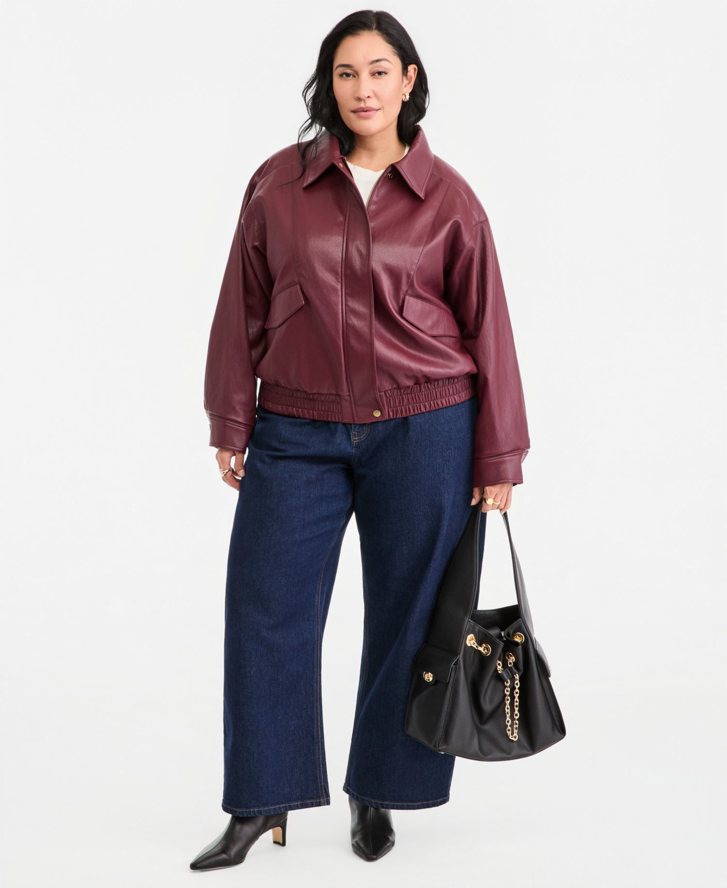 Plus Size Long-Sleeve Faux Leather Bomber Jacket