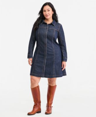 Plus Size Denim Mini Long-Sleeve Shirt Dress