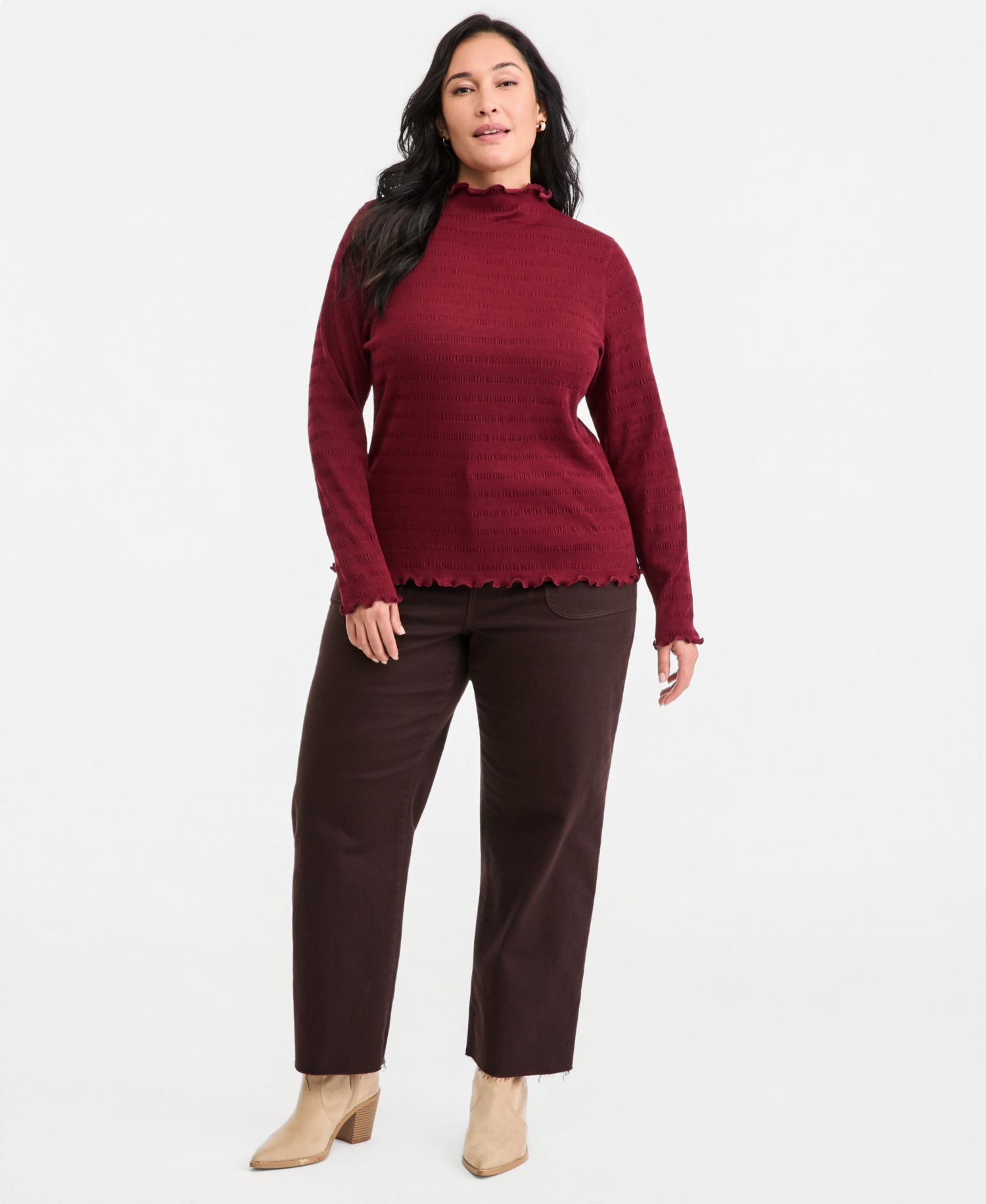 Plus Size Long-Sleeve Funnel Neck Puckered-Rib Top